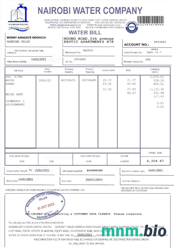 Kenya Nairobi woda rachunek za media Word i PDF template